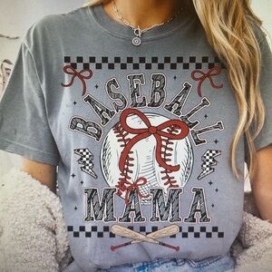 Baseball Mama Graphic Bow and Checkerboard Tshirt XS-3X